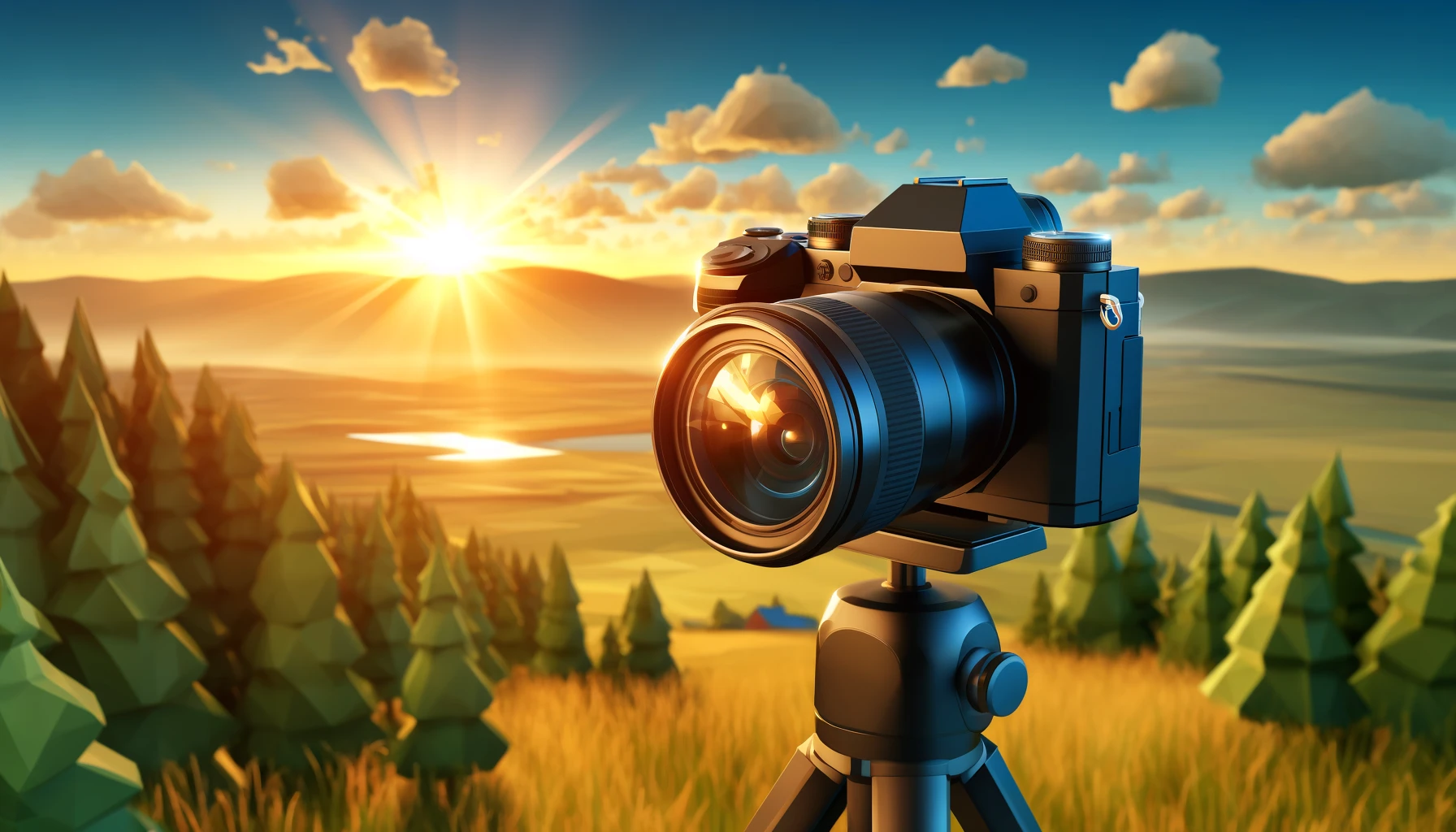 Low poly art of a digital camera on a tripod outdoors during golden hour with a mountainous landscape in the background.