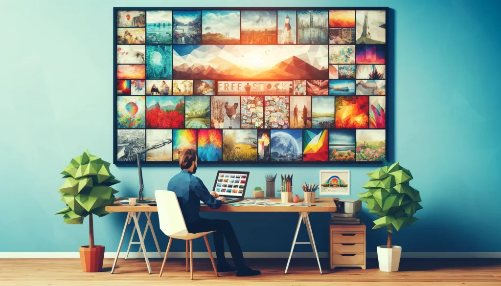 Low poly art of a designer's workspace with a laptop and a collage of diverse stock images on the wall, illustrating creative use of free resources.