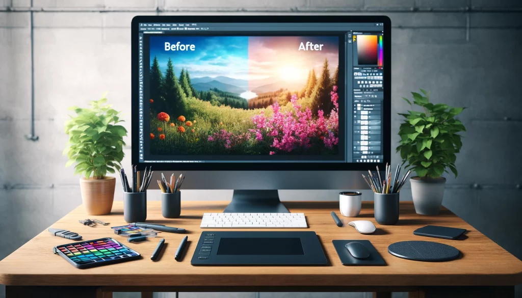 Creative workspace with a desktop computer showing dual monitors with 'before' and 'after' versions of a landscape stock image, enhanced with digital editing tools like a tablet and stylus.