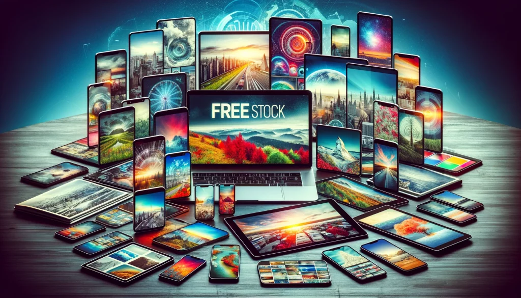 Digital collage of multiple devices on a modern desk, each displaying different free stock images like landscapes and city scenes, representing the diversity of free stock image sources.